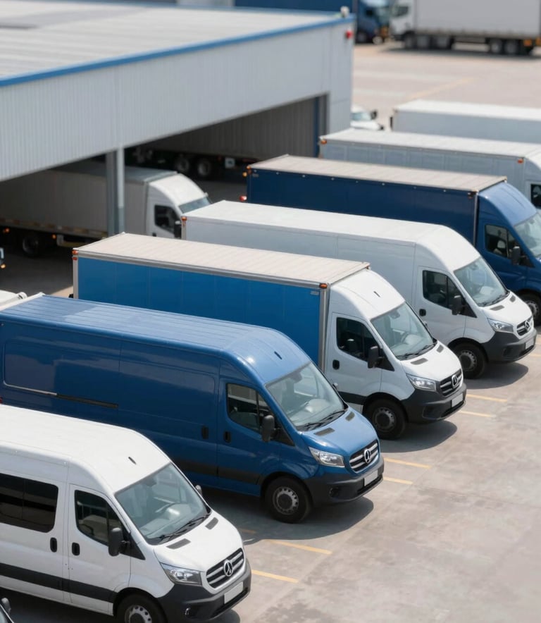 A fleet of various transport vehicles, from small vans to heavy-duty trailers, lined up perfectly at a modern logistics terminal. The scene is clean and professional, incorporating the brand colors #8BAABF and #0B1B2B.