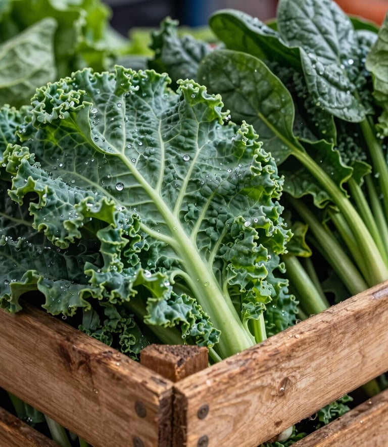A close-up photograph of a rustic wooden crate overflowing with fresh, vibrant green Brazilian kale and spinach, with small water droplets reflecting soft morning light in a clean market setting.