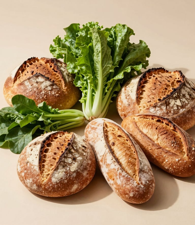High-quality professional food photography of a selection of artisanal breads and fresh green vegetables on a clean beige surface, bright and natural South American daylight.