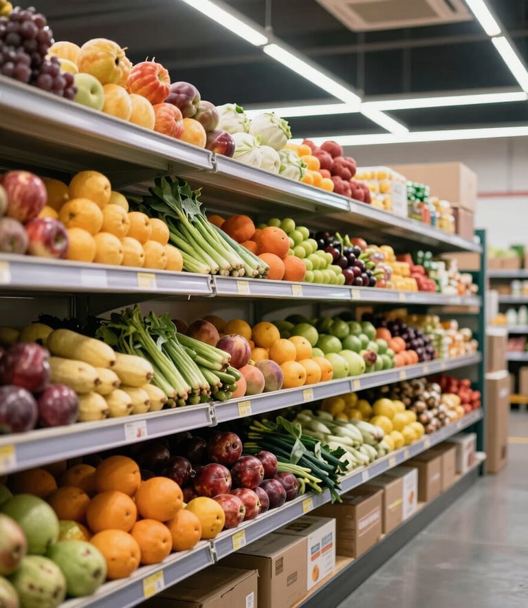 A clean, modern food distribution warehouse in South America, focusing on shelves filled with fresh, vibrant fruits and vegetables under bright, professional studio lighting.