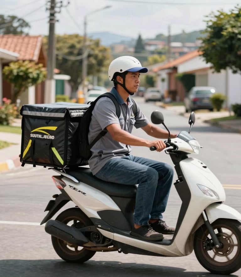 A professional delivery person in a neat uniform riding a clean scooter through a sunny South American suburban street, carrying a thermal delivery box, captured in a bright, energetic lifestyle shot.