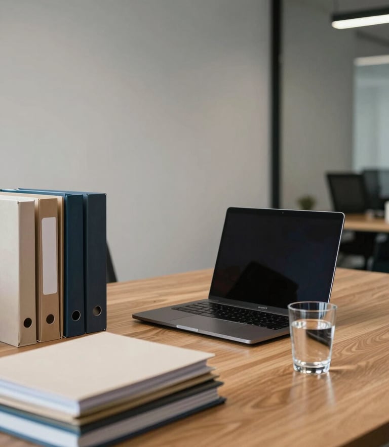 A wide-angle shot of a minimalist and modern office workspace in Lisbon, featuring a high-end laptop, neatly organized folders, and a glass of water on a wooden desk, professional and efficient atmosphere.