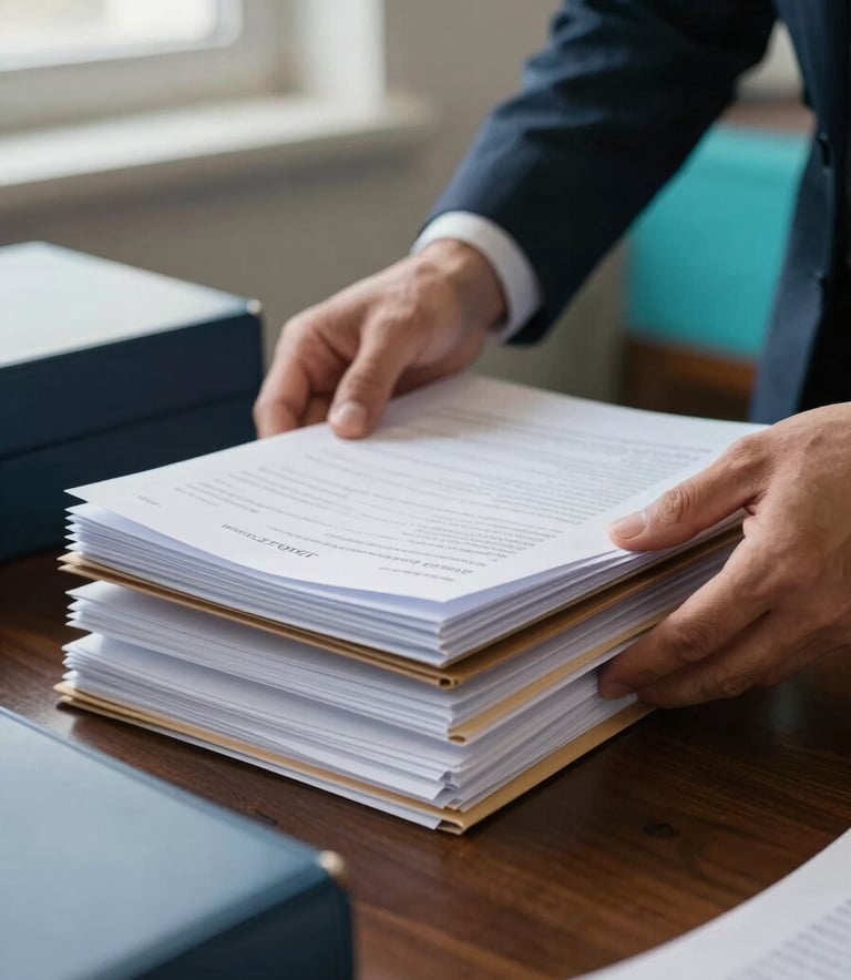 A close-up photograph of a professional's hands organizing stacks of official documents and folders on a dark wooden desk. Soft natural lighting from a window in a European Portuguese office environment. The scene emphasizes precision and detail, with accents of midnight blue and turquoise in the background.