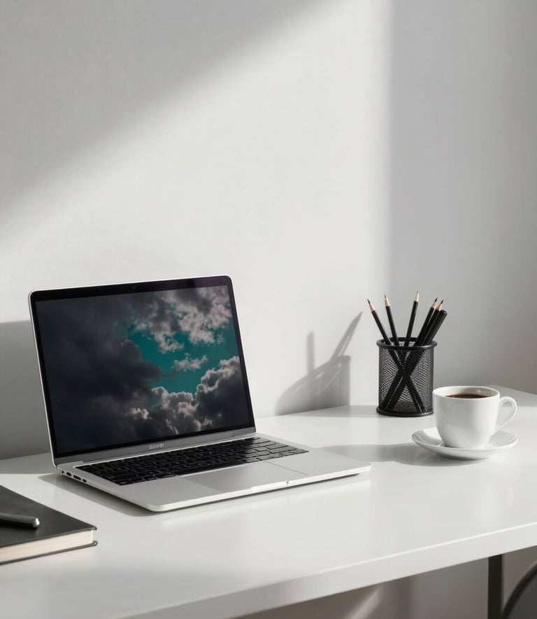 A bright and minimalist office space in Porto, Portugal. A clean workspace featuring a modern laptop, a cup of coffee, and neatly arranged stationery. The atmosphere is calm and professional, with clouds gray and turquoise elements reflected in the decor.