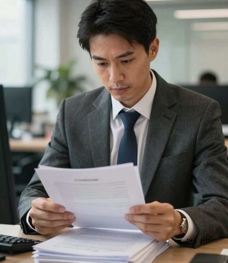 A professional in business attire in a European Portuguese office, meticulously reviewing a stack of organized documents, soft office lighting, focused and reliable expression.