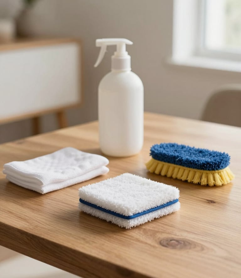 Clean wooden surfaces and professional eco-friendly cleaning tools arranged neatly, bright and airy atmosphere, Latinoamericano residential interior, high-quality photography.