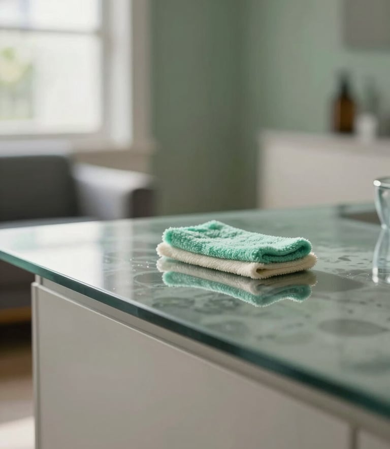 A close-up of a sparkling clean modern glass surface in a Latinoamericano apartment, reflecting bright daylight, professional cleaning style, with soft focus on a sage green accent wall in the background.