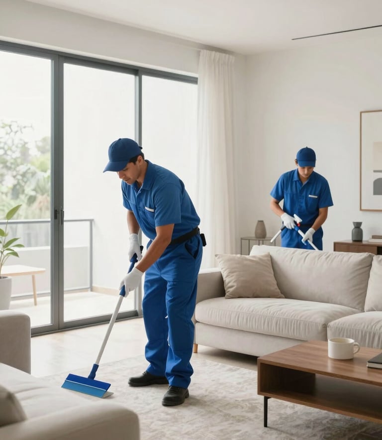 Full shot of a professional cleaning crew in a modern, minimalist Latinoamericano living room. The scene shows a tidy space with large windows, featuring a palette of steel blue and off-white. The atmosphere is professional, serene, and bright, highlighting high-quality maintenance services.