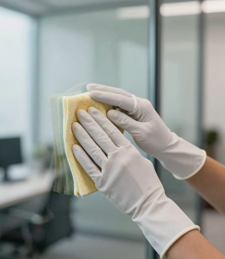 A close-up photograph of a professional cleaning professional's hands wearing white gloves, meticulously polishing a glass surface in a modern, bright office in a Latinoamericano setting. The lighting is soft and natural, emphasizing a minimalist and clean aesthetic with hints of steel blue and sage green in the background.