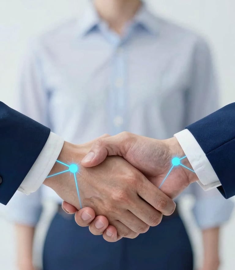 A close-up of a professional digital handshake with holographic light lines connecting two nodes, representing a secure transaction. The color palette features deep blues (#0A1C2C) and bright accents of light blue (#8CB8DB). Minimalist and high-tech style.