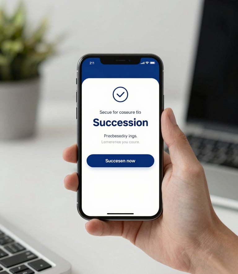 Modern workspace with a smartphone displaying a secure transaction successful screen, professional and clean aesthetic using #2C5D8B.