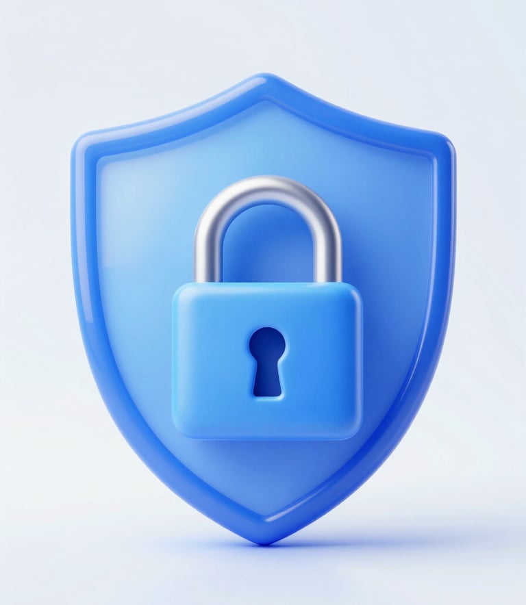 A sleek, modern 3D render of a shield icon combined with a digital lock, symbolizing security in trading. The icon is rendered in a glass-morphism style with blue shades (#2C5D8B, #8CB8DB) against a clean, light background.