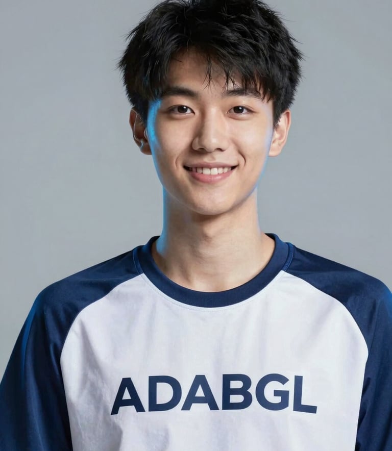 A high-quality studio portrait of a friendly professional gaming influencer, clean lighting with subtle blue #8CB8DB rim light, representing the brand ambassador of ADABGL.