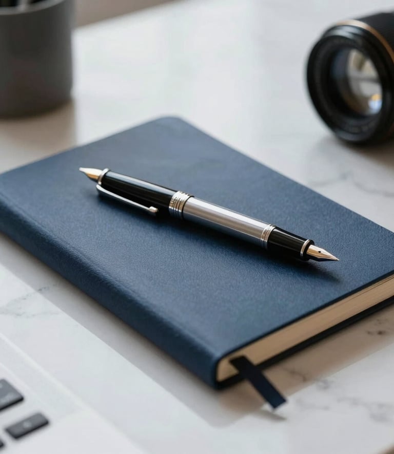 A close-up photograph of a sleek, dark blue notebook and a professional fountain pen resting on a white marble desk in a high-end North American office. Soft natural light creates a sophisticated and calm workspace.
