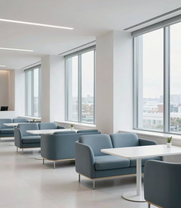 A high-end, minimalist North American business lounge. Clean white surfaces, designer furniture in slate blue, and large windows. The lighting is bright and natural, reflecting a professional and results-driven atmosphere.