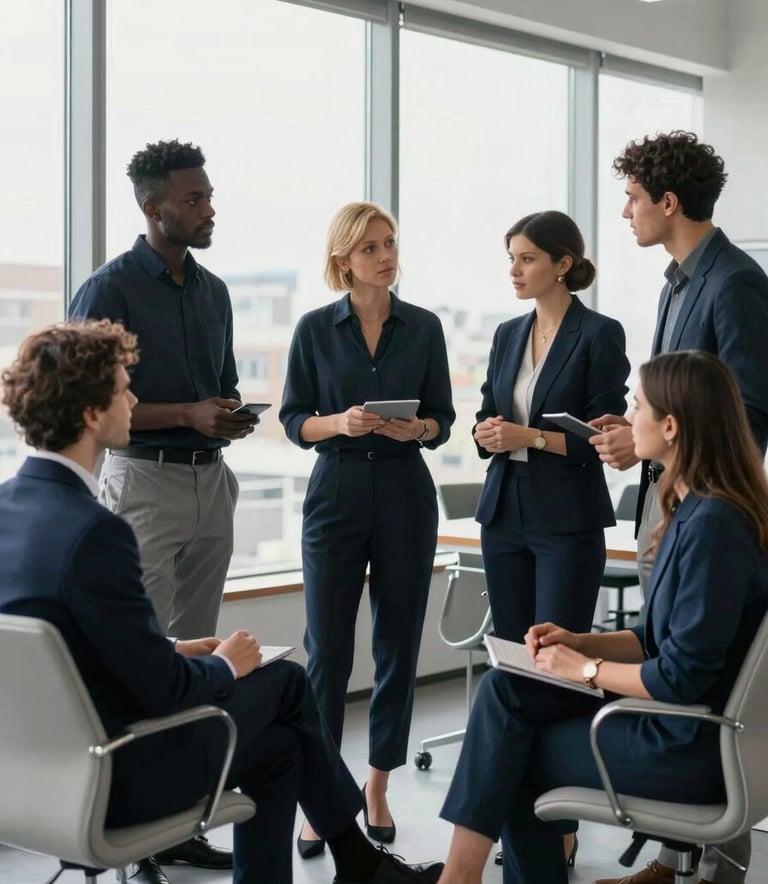A diverse team of marketing professionals collaborating in a bright modern studio with large windows, wearing dark navy and slate blue attire, with pale silver accents in the office decor.