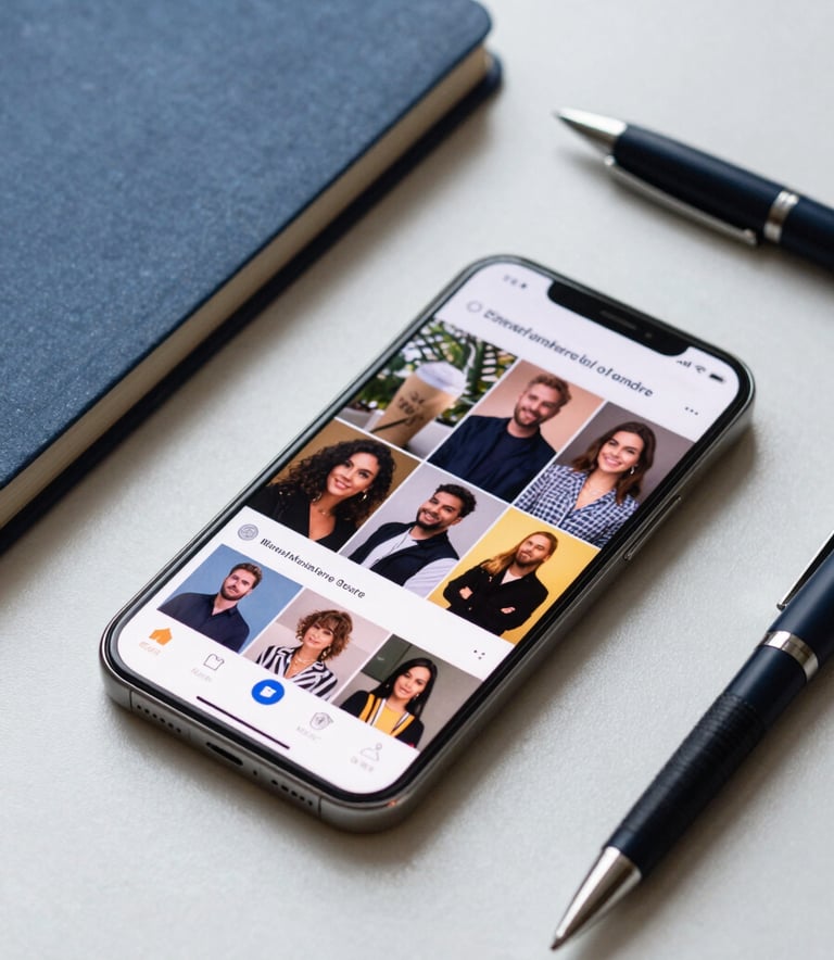 A close-up of a high-end smartphone displaying a vibrant social feed, resting on a pale silver desk next to a slate blue notebook and a dark navy pen.