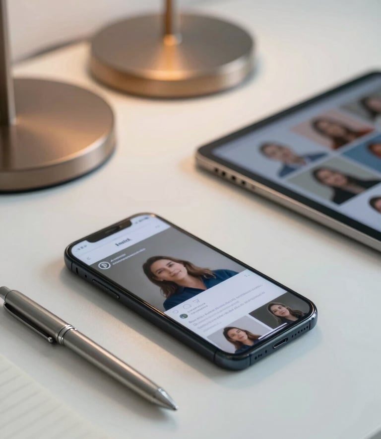 A clean, professional close-up of a modern desk setup. A smartphone and a tablet are visible, showing blurred social media activity. The scene includes a sleek metallic pen and a notepad. The color palette is dominated by Deep Navy and Pale Mist tones with a soft Warm Bronze glow from a desk lamp.