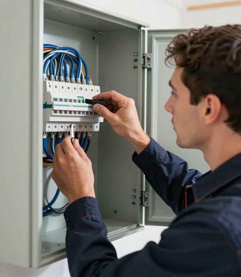 A close-up photograph of a professional electrician in a modern European / Spanish home, wearing a dark navy work uniform, carefully inspecting a complex electrical panel with steel blue wiring, bright natural lighting, high technical detail.