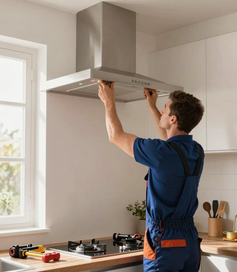 A wide-angle professional shot of a clean, modern European / Spanish kitchen where an electrician is installing a new ventilation hood, soft off-white walls, natural daylight coming through a window, professional tools visible.