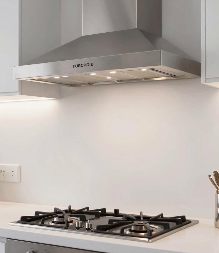 A modern kitchen in a European / Spanish home featuring a sleek vitroceramic hob and a stainless steel extractor hood, bright cloud white lighting and professional installation.