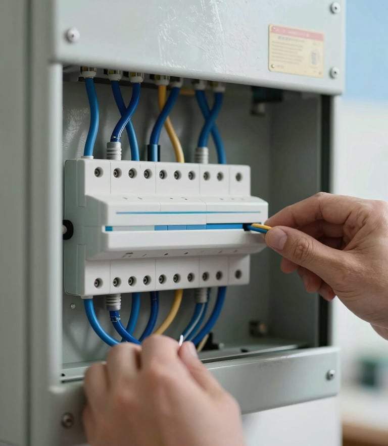 Detailed close-up of a high-quality electrical panel being wired by a professional in a modern European / Spanish apartment. Soft sky blue and royal blue wires visible.