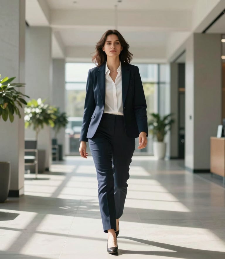 A confident professional in business attire walking through a modern, sun-lit office lobby in a North American / Mexican metropolitan area, representing professional growth and controlled leadership.