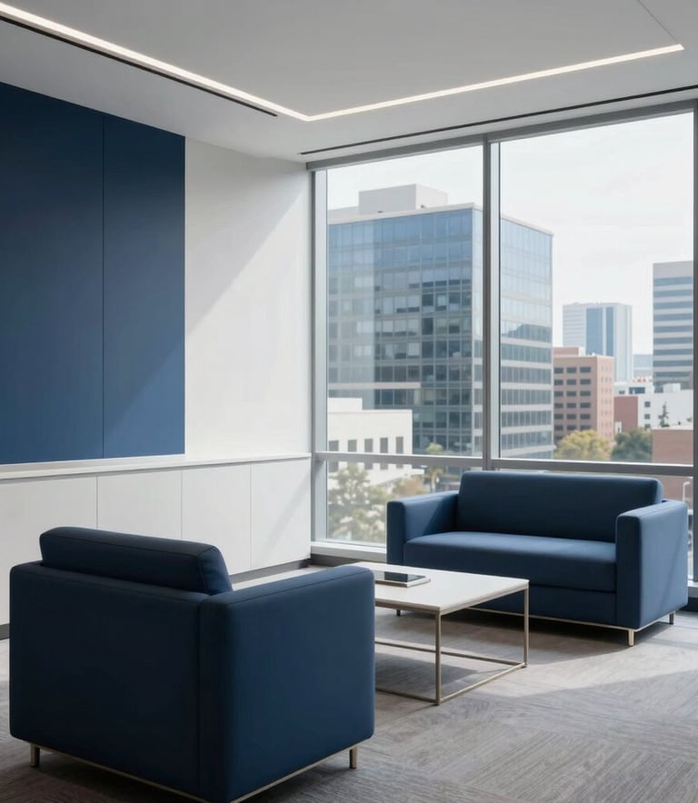 A sophisticated North American / Mexican corporate office interior with minimalist furniture and a large window overlooking a business district. The lighting is bright and professional, highlighting a clean, structured environment with deep blue and white accents.