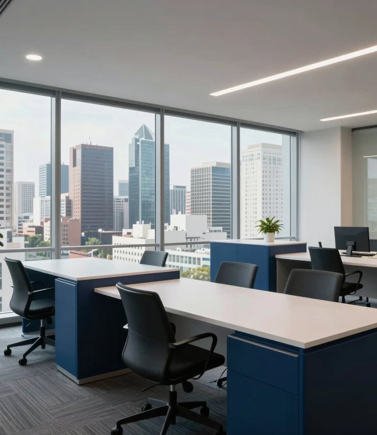 Professional high-angle shot of a clean, modern corporate office interior in Mexico. Large windows showing a North American / Mexican urban skyline. Deep blue and white furniture accents, soft executive lighting.