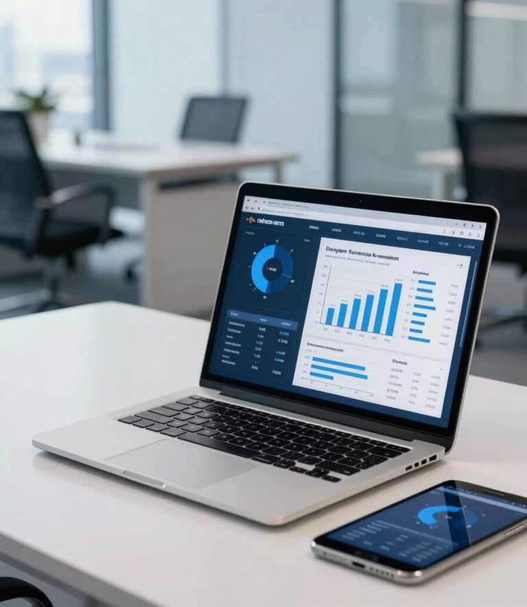 A clean, minimalist workspace in a high-end office in Mexico. On the table sits a sleek laptop and a tablet showing business growth data charts. The background is a blurred modern office. Professional photography, executive style with deep blue and white tones.