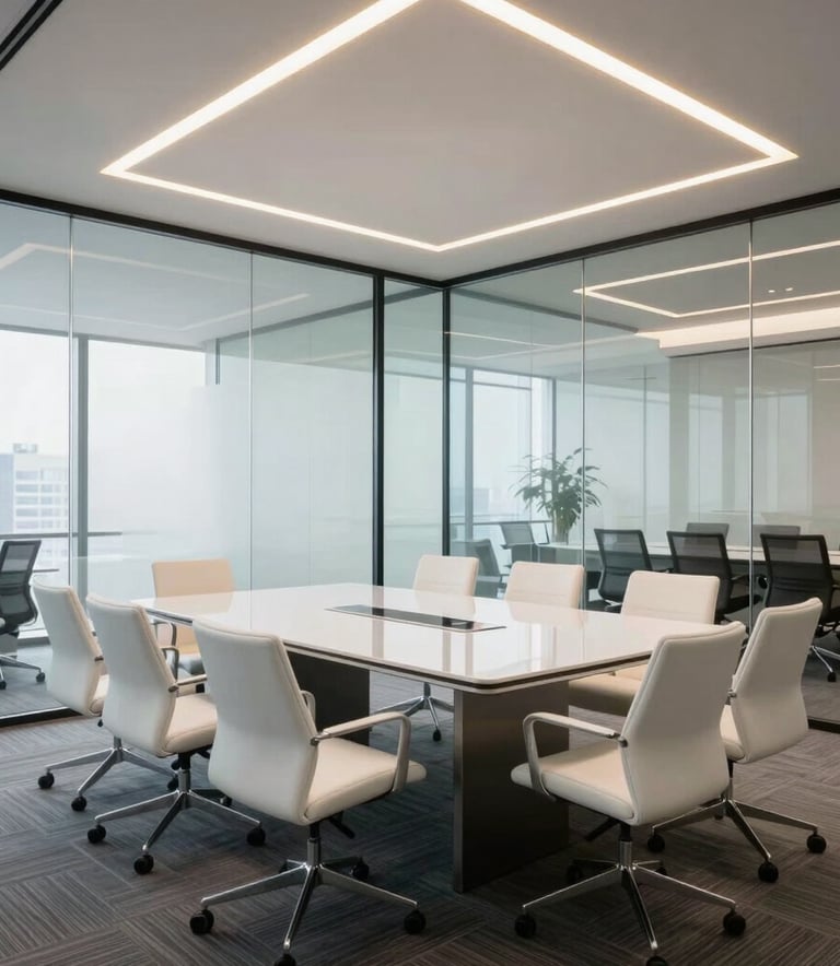 A bright, clean glass-walled boardroom in a North American / US corporate office. The room is empty but ready for a meeting, with white chairs and a large polished table. Sophisticated, high-end lighting with gold accents.