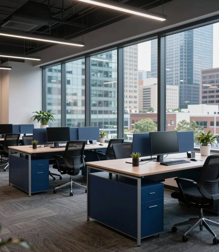 A modern, open-plan office space in a North American / US city with sleek furniture, dark blue accents, and a large window overlooking a tech hub. Professional and results-driven atmosphere.