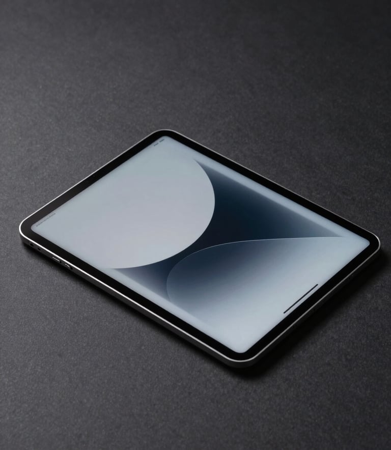 A high-end, studio-quality photograph of a minimalist silver digital tablet displaying a sophisticated UI design. The tablet is placed on a dark charcoal surface with soft, directional lighting that emphasizes the sleek textures and precise edges. The mood is professional and modern.