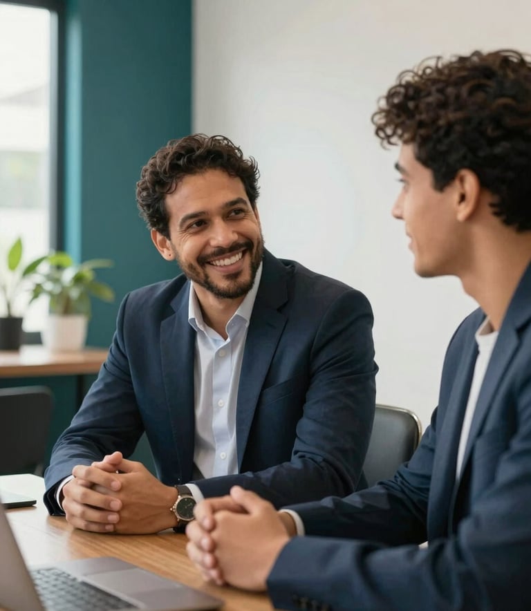 A South American professional mentor and a younger candidate in an optimistic business meeting within a bright, modern office in Brazil. Soft natural lighting, deep teal and off-white accents in the decor, focusing on an inspiring interaction.