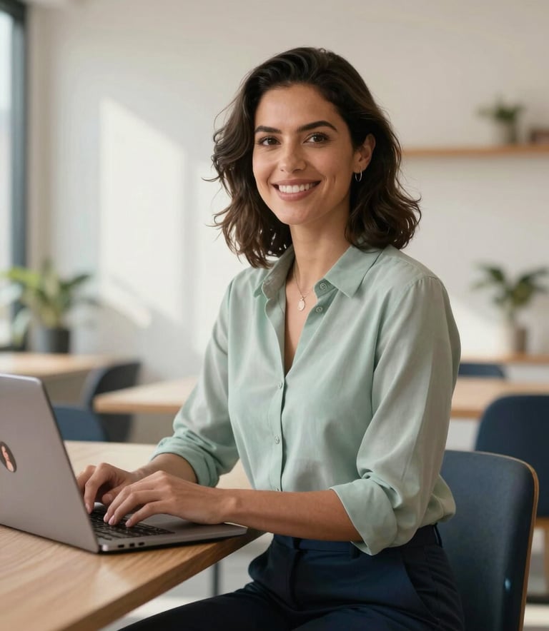 A confident Brazilian professional woman smiling in a modern, sunlit co-working space, with a laptop open showing a professional profile. Clean, minimal design, professional attire, with light sage and dark blue tones in the background.