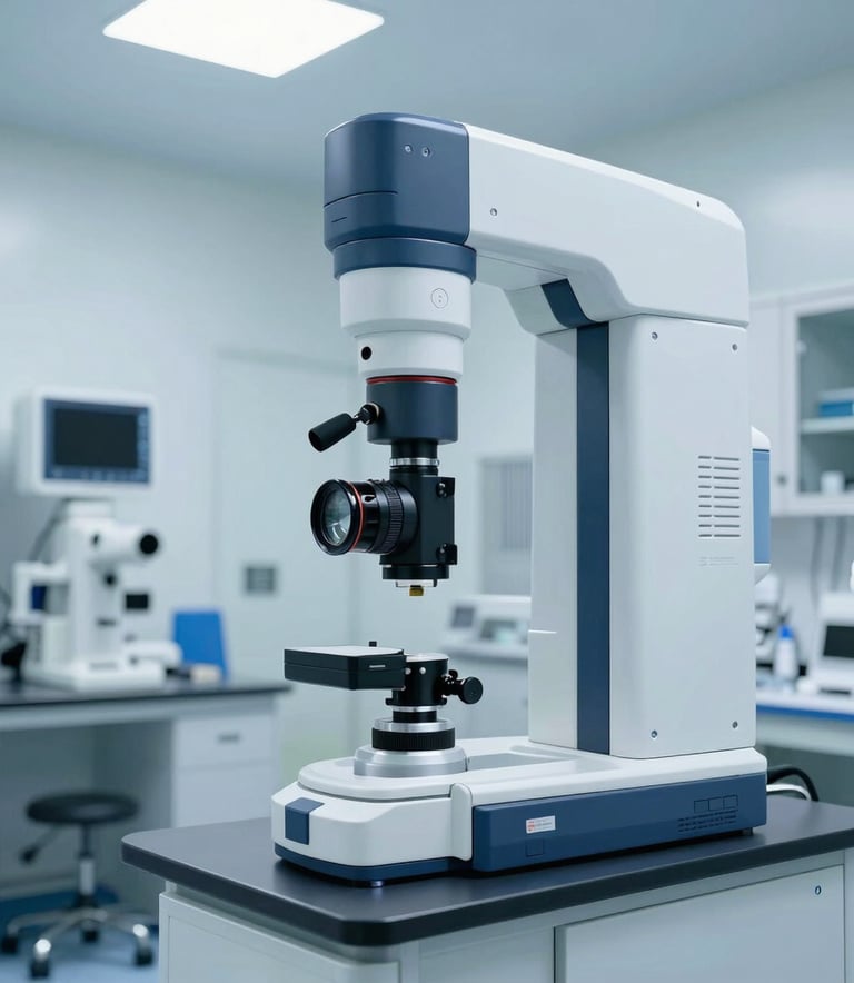 A high-tech laboratory inside a Middle Eastern / Gulf hospital with clean surfaces and advanced diagnostic machinery. The lighting is bright and professional, featuring Pale Blue and Navy color tones.