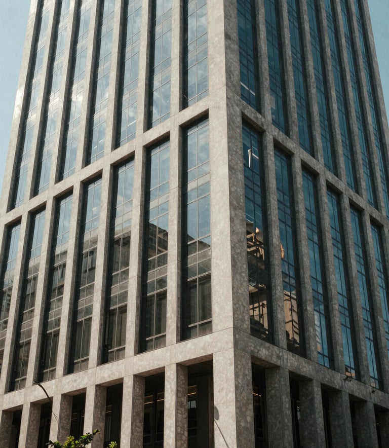 Photography of a modern office building exterior in a South American city, morning sunlight, architectural detail with glass and concrete, clean and professional atmosphere.
