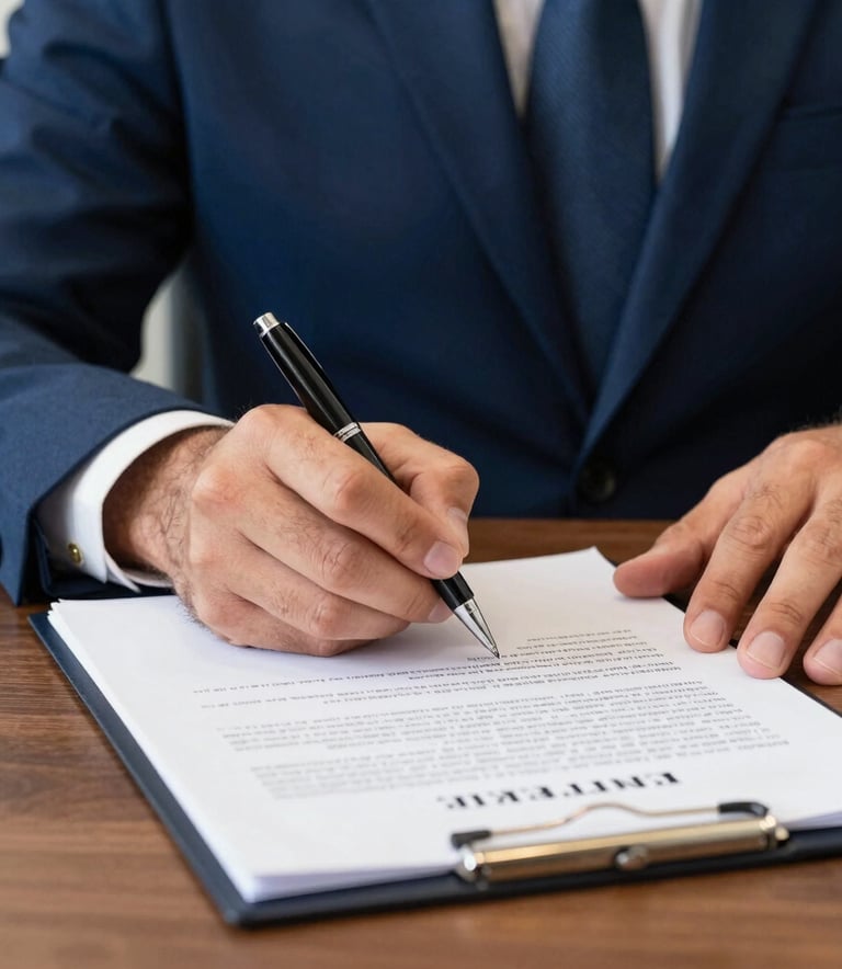 Close-up of a man in a professional navy blue suit signing legal documents with a high-quality pen, natural lighting, Brazilian law office setting.