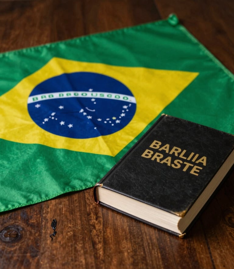 A powerful image of the Brazilian flag and a law book on a polished wooden surface. The lighting is dramatic yet professional, emphasizing authority and patriotism. Sul-americano / Brasileiro context.