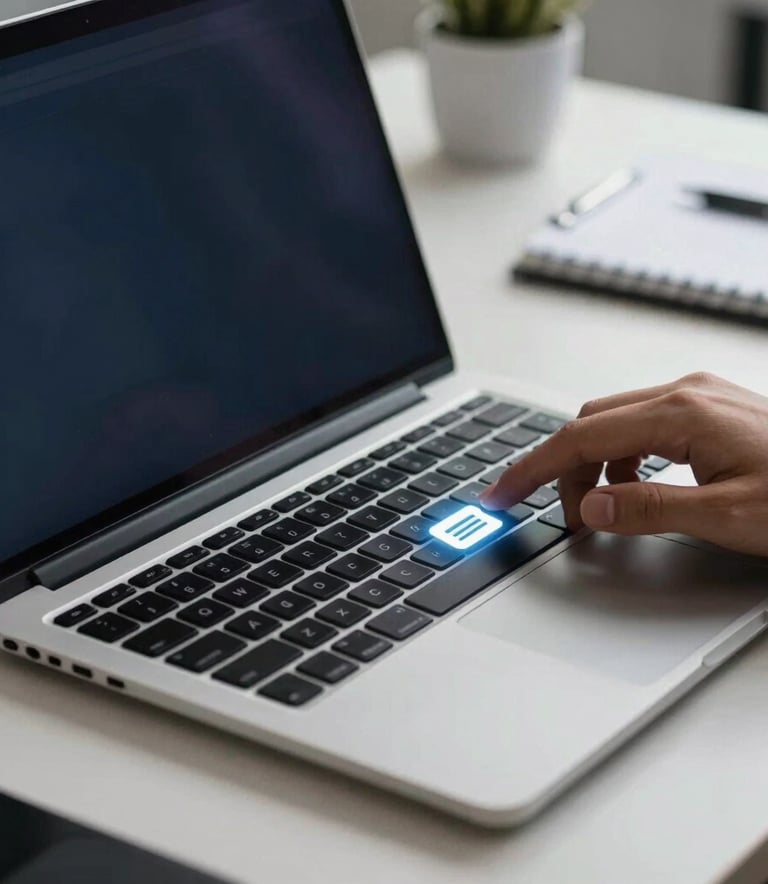 Close up of a sleek, high-end laptop on a clean desk in a French office, a hand clicking on a service request icon, dark navy blue accents, sharp focus.