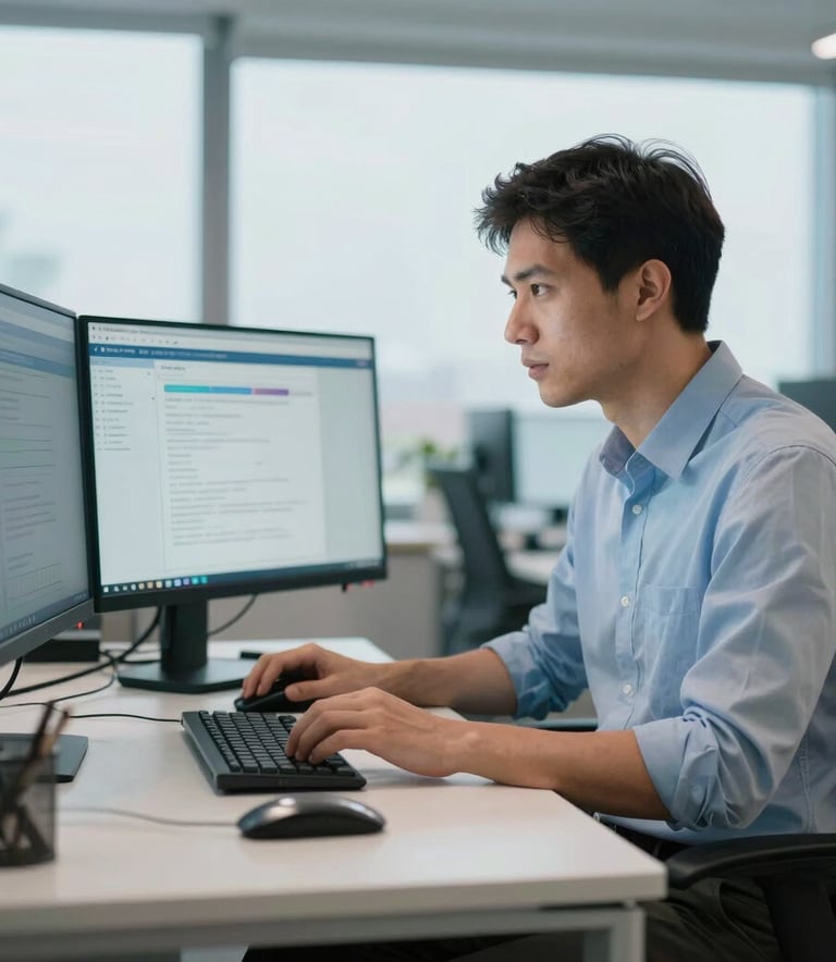 A focused IT specialist in a professional European office setting, working on a dual-monitor setup with a clean and organized desk, soft daylight, steel blue and light blue color palette.