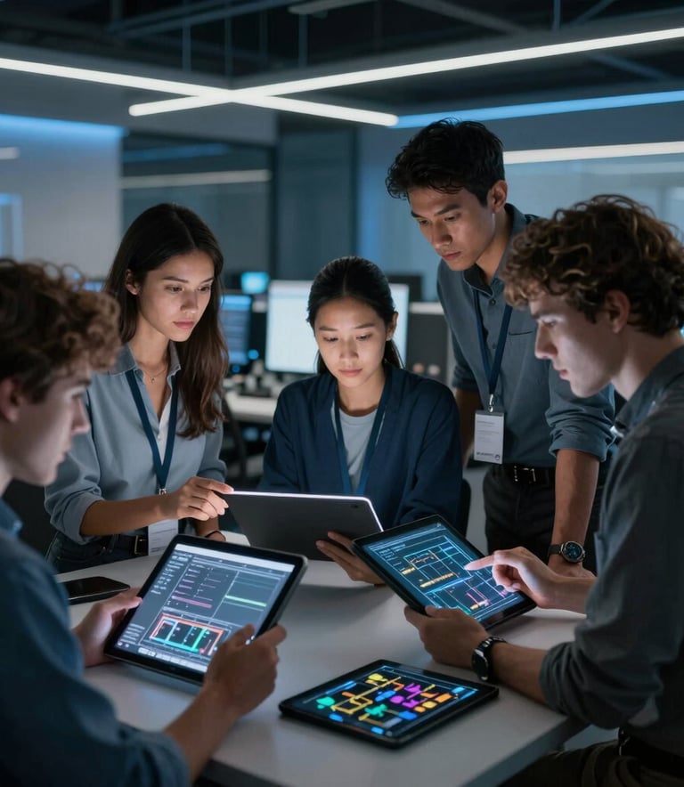 A team of diverse IT technicians collaborating in a sleek, modern tech hub in Paris, using digital tablets and discussing system architecture, professional atmosphere, midnight blue accents.