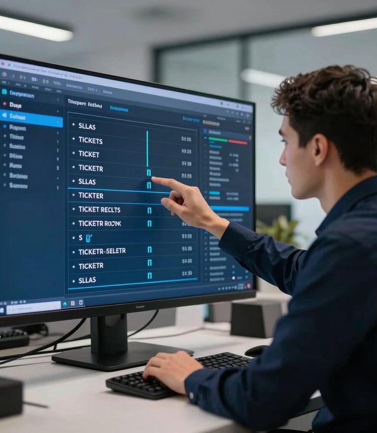 A technician in a modern European office analyzing a dashboard on a large screen representing ticket routing and SLAs, soft light blue and dark navy blue color scheme, professional and efficient atmosphere.