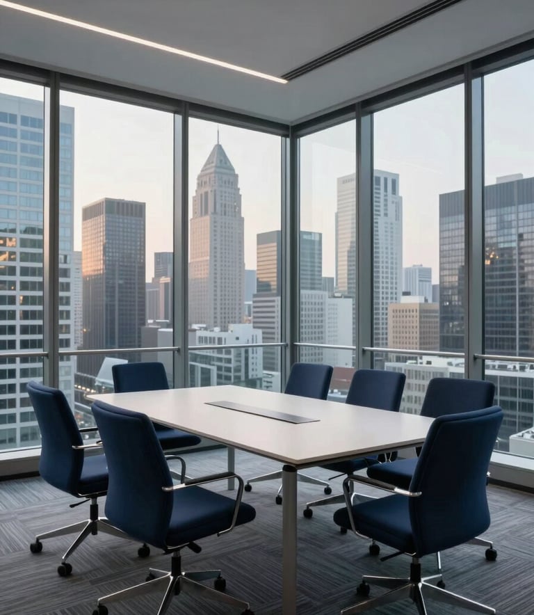 A wide-angle, minimalist photograph of a modern glass-walled boardroom overlooking a North American / US financial district. The scene is illuminated by cool morning light. The interior features deep navy blue chairs and an off-white table, embodying structure and sophisticated discipline.