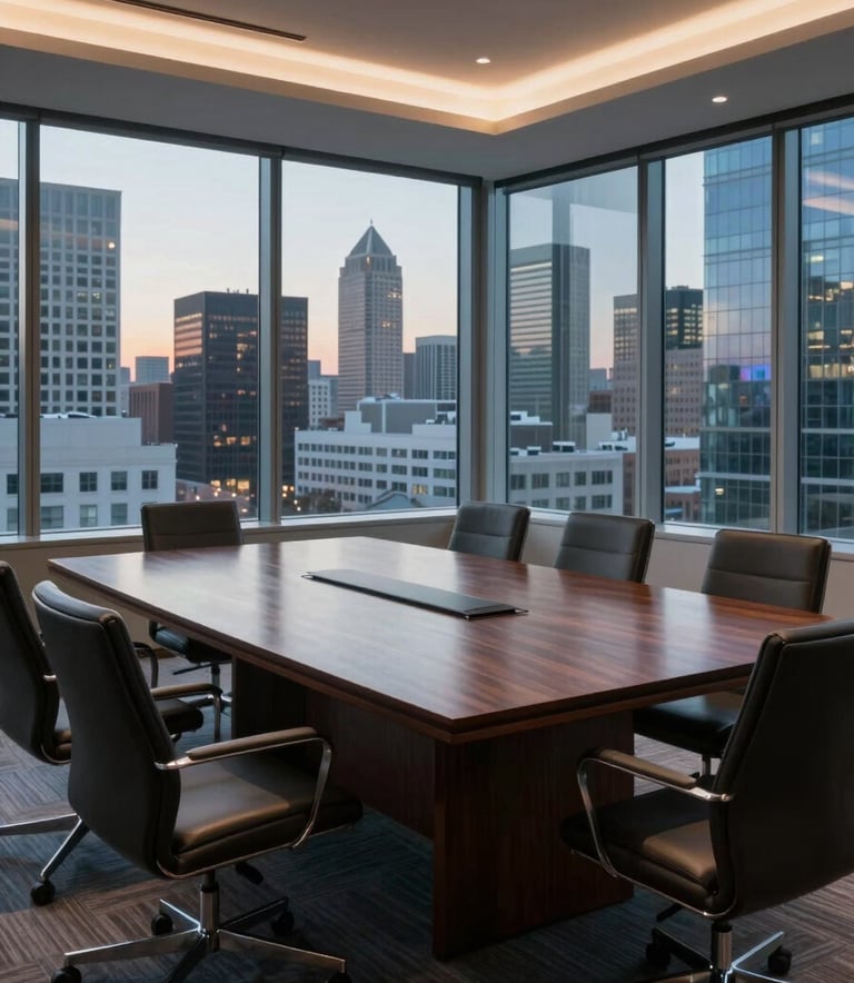 A wide-angle interior shot of a sophisticated, empty boardroom with a large dark wood table and floor-to-ceiling windows showing a North American business district at dusk.