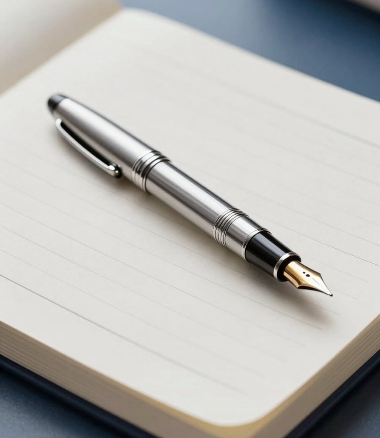A high-end, close-up photograph of a professional silver fountain pen resting on a crisp off-white financial ledger. The composition is clean and minimalist, with deep navy blue shadows and soft natural light from a window in a North American / US corporate office. Professional and disciplined atmosphere.