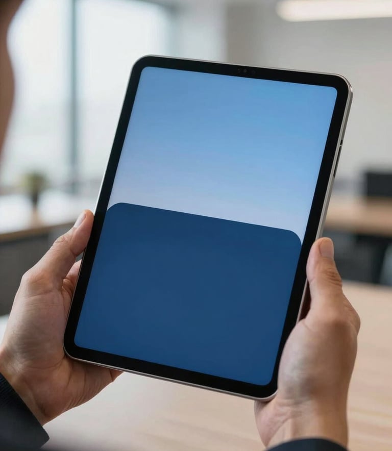 A close-up photograph of a professional in a modern North American / US corporate environment holding a sleek tablet showing a minimalist mobile interface with deep blue and soft sky blue highlights. The background is softly blurred with natural lighting.