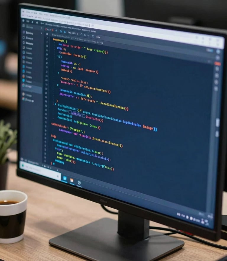 Close-up of a high-performance workstation in a North American / US tech startup. The image shows a high-resolution monitor displaying clean code, with a cup of coffee nearby. The color palette emphasizes Deep Midnight Blue and Frost Blue tones, suggesting modern engineering and reliability.