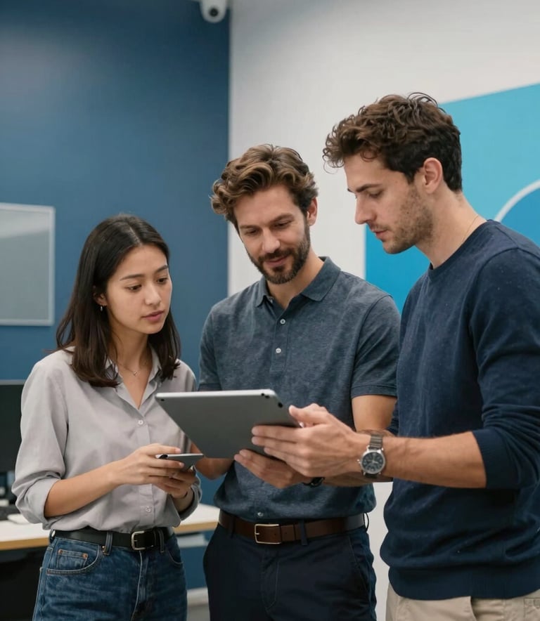 Action shot of tech professionals in a modern North American / US office discussing a project on a tablet. The environment is clean and professional with Steel Blue and Ocean Blue branding elements visible on the walls. The lighting is focused and clean.
