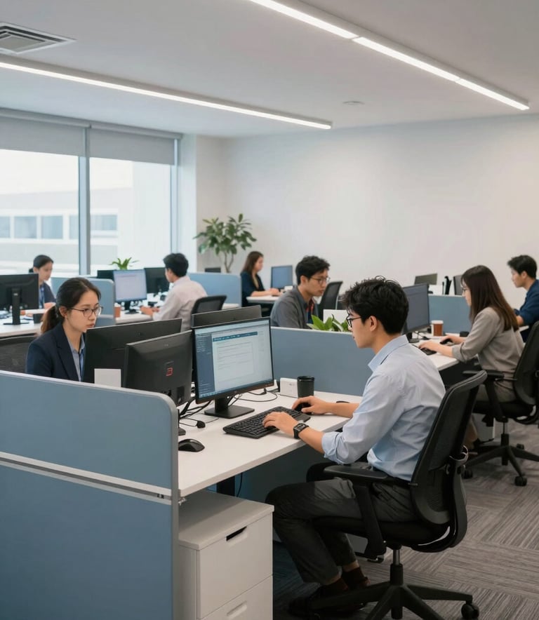 A clean, wide-angle photograph of a bright North American / US tech office where focused professionals collaborate at workstations. The space features modern furniture and subtle slate blue and light blue design accents.